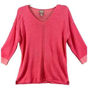 Chicos Sweater Women Sz 2 Large Sz 12 Coral Pink 3/4‎ Sleeve Pink V-Neck Stretch